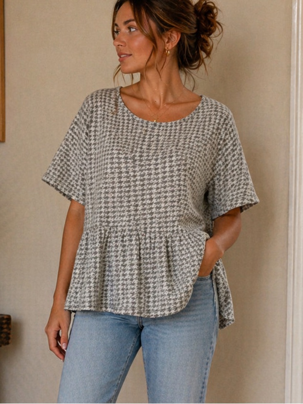 ELLE Houndstooth Peplum Top XL Quiet Luxury Office Chic Dark Academia